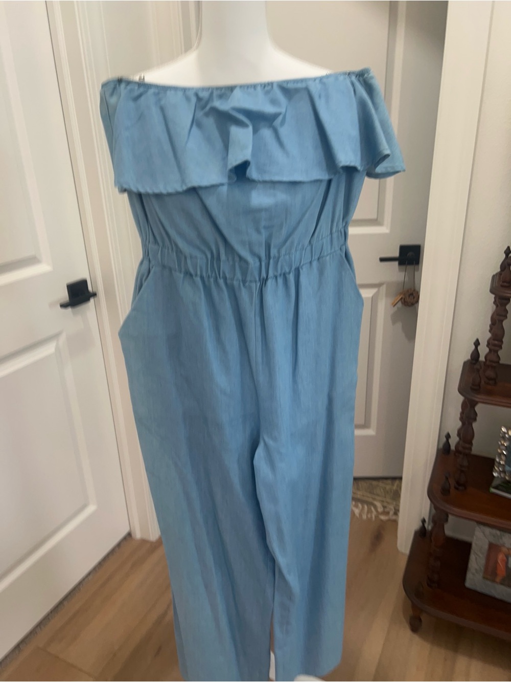Off-Shoulder Light Blue Wide-Leg Jumpsuit